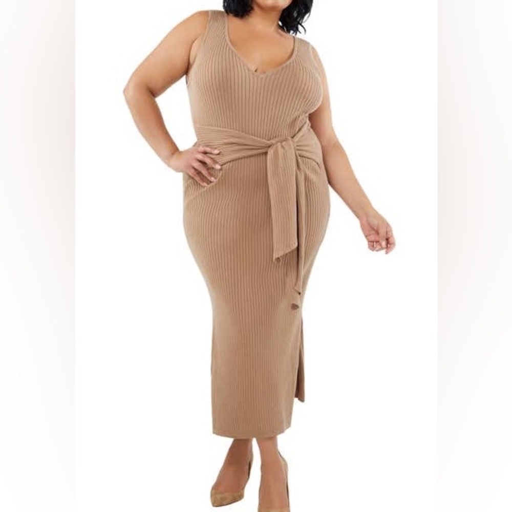 Good American Rib Knit Tie Waist Dress.   Size 3XL.  Color Taupe.